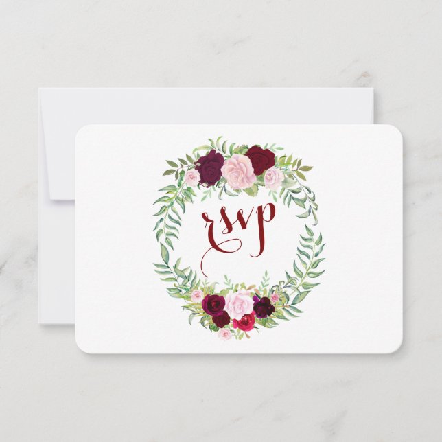 Rustic Marsala Floral Burgundy Wedding RSVP Card (Front)