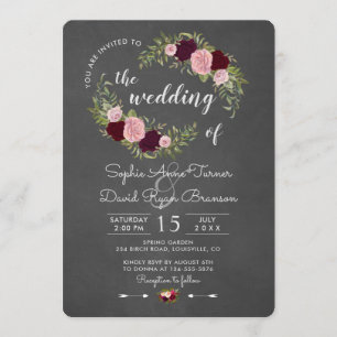 Rustic Marsala Floral Chalkboard Wedding Invitation