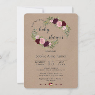 Rustic Marsala Floral Craft Paper Baby Shower Invitation