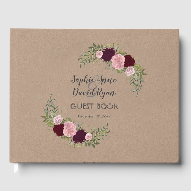 Rustic Marsala Floral Craft Paper Wedding Guest Book (Front)