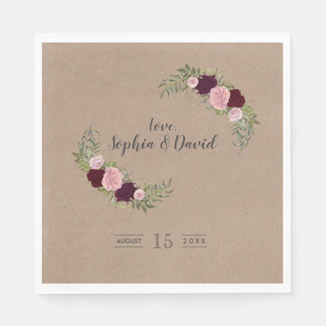Rustic Marsala Floral Craft Paper Wedding Napkin (Front)