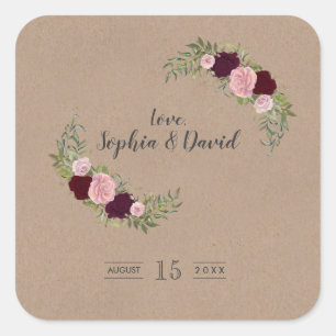 Rustic Marsala Floral Craft Paper Wedding Square Sticker