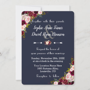 Rustic Marsala Floral Navy Blue Wedding Invitation