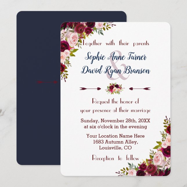Rustic Marsala Floral Navy Blue Wedding Invite (Front/Back)