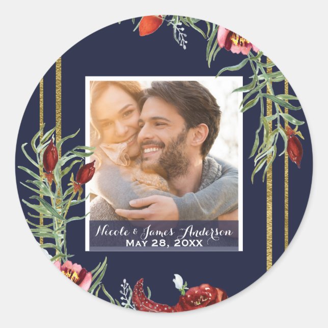 Rustic Marsala Floral Photo Navy Blue Gold Wedding Classic Round Sticker (Front)