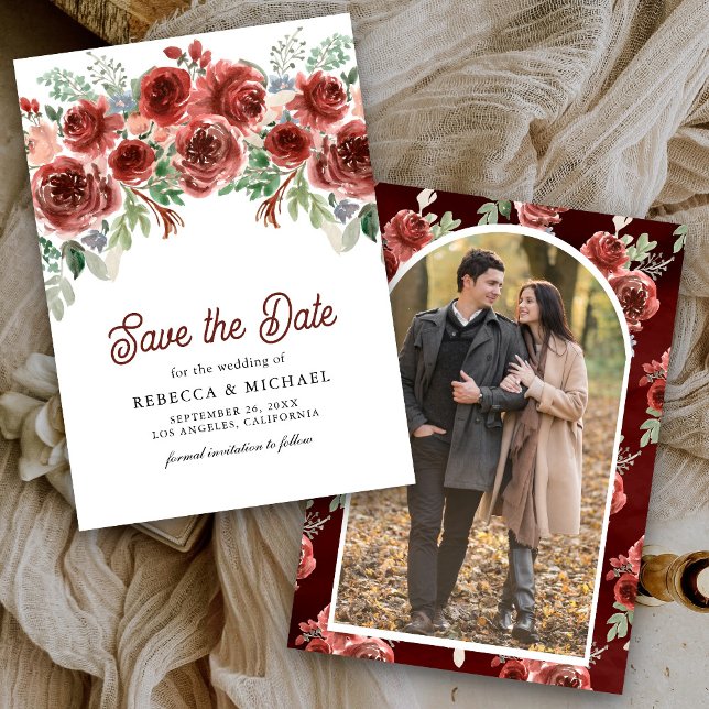 Rustic Marsala Floral Photo Wedding Save The Date (Creator Uploaded)