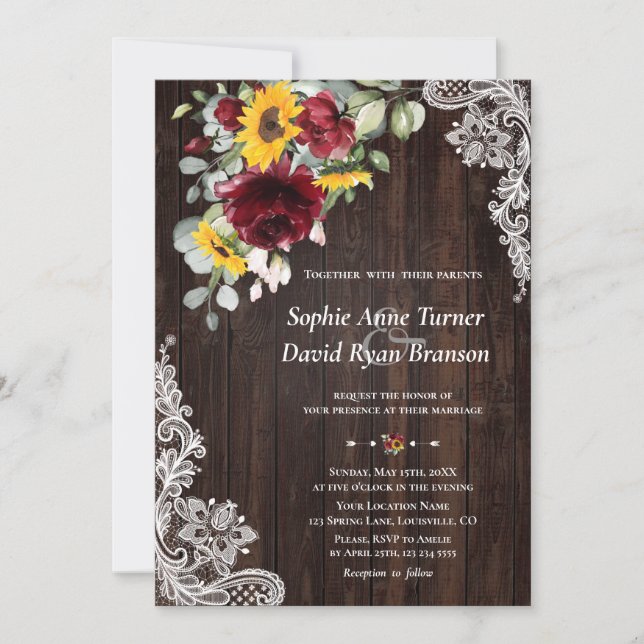 Rustic Marsala Floral Sunflowers Wood Lace Wedding Invitation (Front)