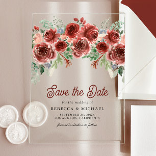 Rustic Marsala Floral Wedding Save the Date Acrylic Invitations