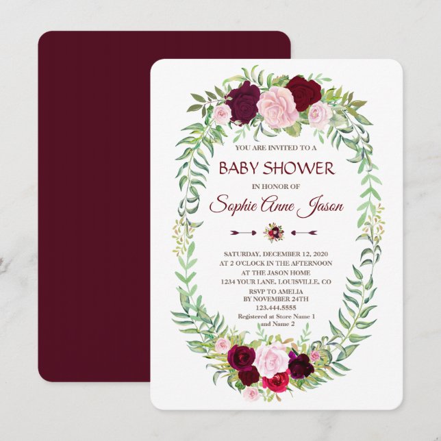 Rustic Marsala Floral Wreath Baby Shower Invitation (Front/Back)