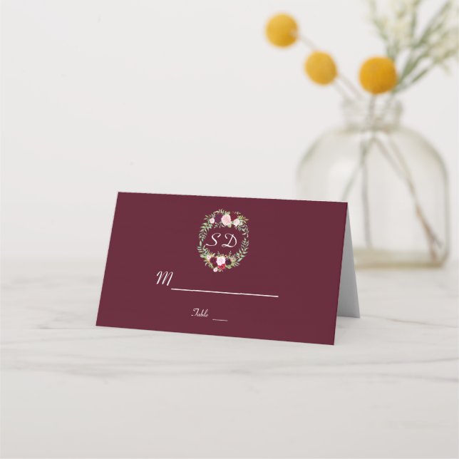 Rustic Marsala Floral Wreath Burgundy Table Number Place Card (Front)