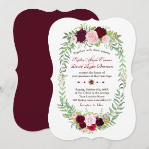 Rustic Marsala Floral Wreath Burgundy Wedding Invitation