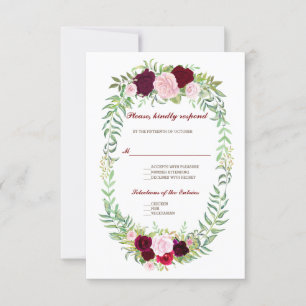Rustic Marsala Floral Wreath Burgundy Wedding RSVP Card