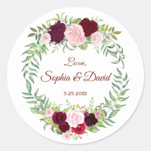 Rustic Marsala Floral Wreath Burgundy Wedding RSVP Classic Round Sticker