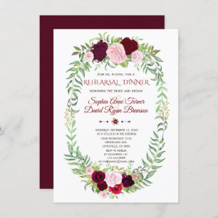 Rustic Marsala Floral Wreath Rehearsal Dinner Invitation