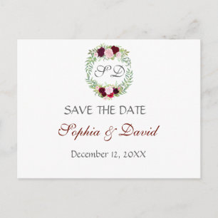Rustic Marsala Floral Wreath SAVE THE DATE Announcement Postcard