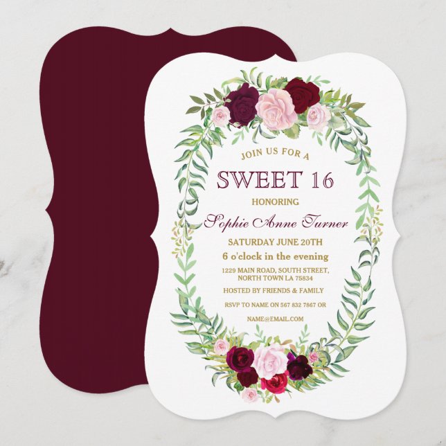 Rustic Marsala Floral Wreath Sweet 16 Invite (Front/Back)