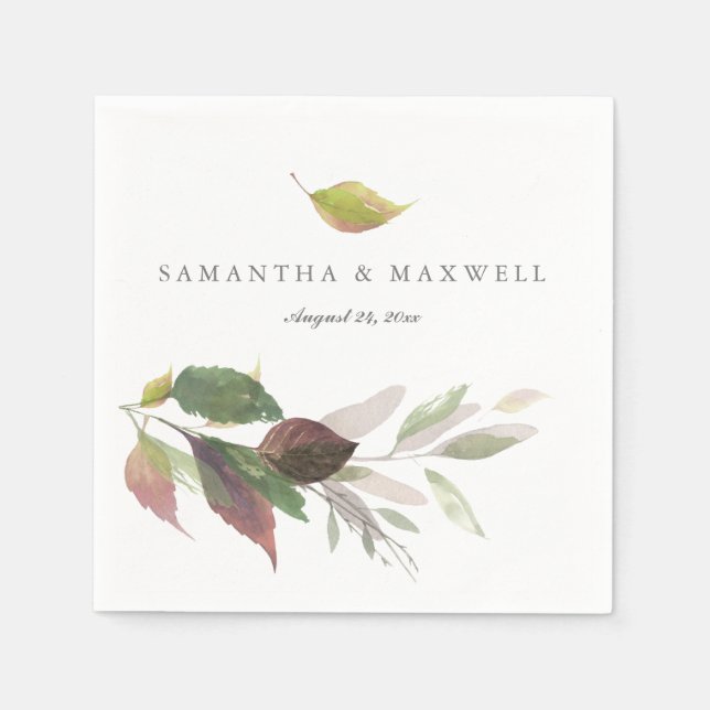 Rustic Marsala Leaves Watercolor Wedding Napkins (Front)