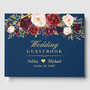 Rustic Marsala Red Floral Navy Blue Wedding Guest Book