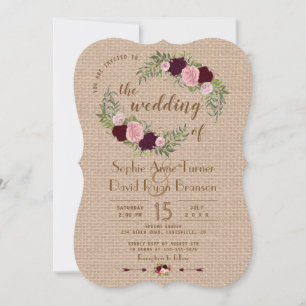Rustic Marsala Watercolour Floral Burlap Wedding Invitation