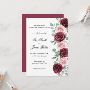Rustic Marsala Wine Floral Calligraphy Wedding Invitation