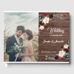 Rustic Marsala Wood Floral Wedding Guest Book