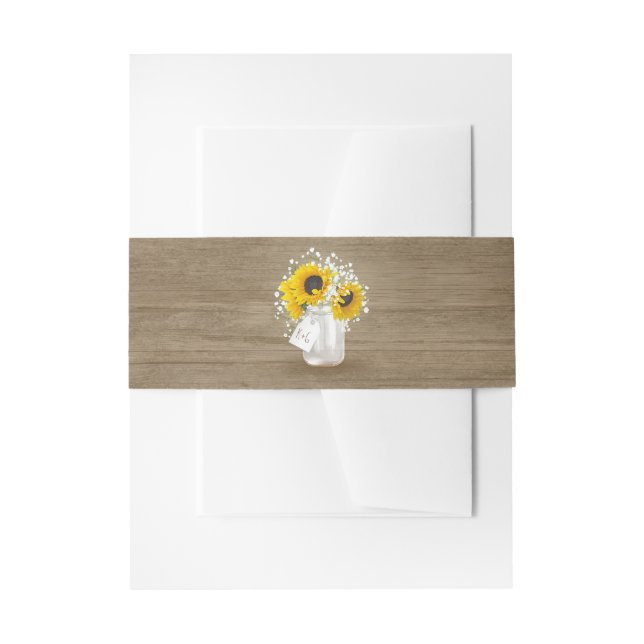 Rustic Mason Jar and Baby's Breath with Sunflowers Invitation Belly Band (Front Example)