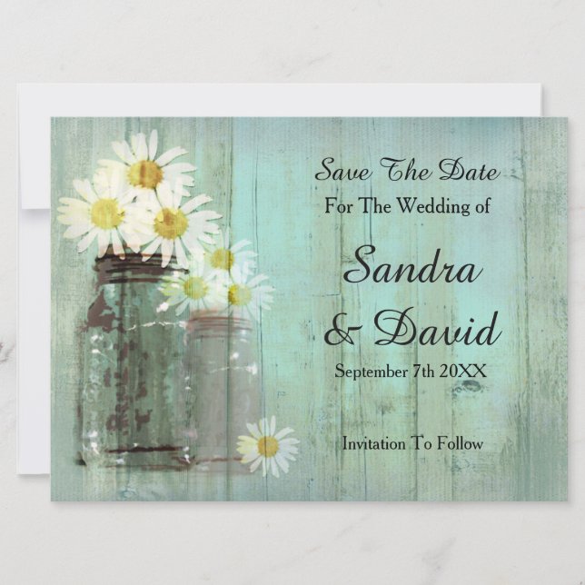 Rustic Mason Jar And Daisy Save The Date (Front)