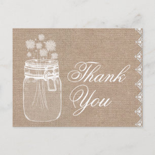 Rustic Mason Jar and Flowers Thank You Burlap A02 Postcard