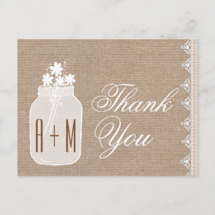 Rustic Mason Jar and Flowers Thank You Burlap A06 Postcard