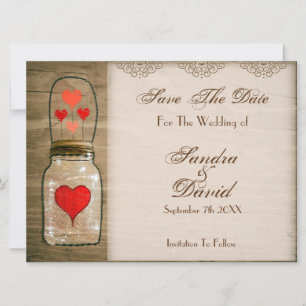 Rustic Mason Jar and Hearts Save The Date