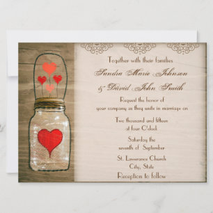 Rustic Mason Jar and Hearts Wedding Invitation