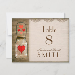 Rustic Mason Jar and Hearts Wedding Table Numbers