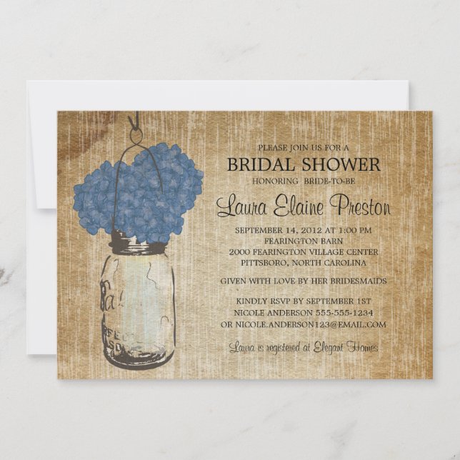 Rustic Mason Jar and Hydrangeas Invitation (Front)