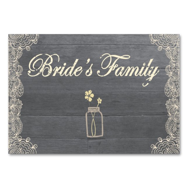 Rustic Mason Jar and Lace Bride Family Table Card (Front)