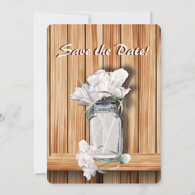 Rustic Mason Jar and Pink Peonies Save The Date (Front)