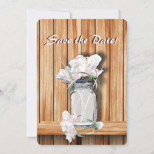 Rustic Mason Jar and Pink Peonies Save The Date