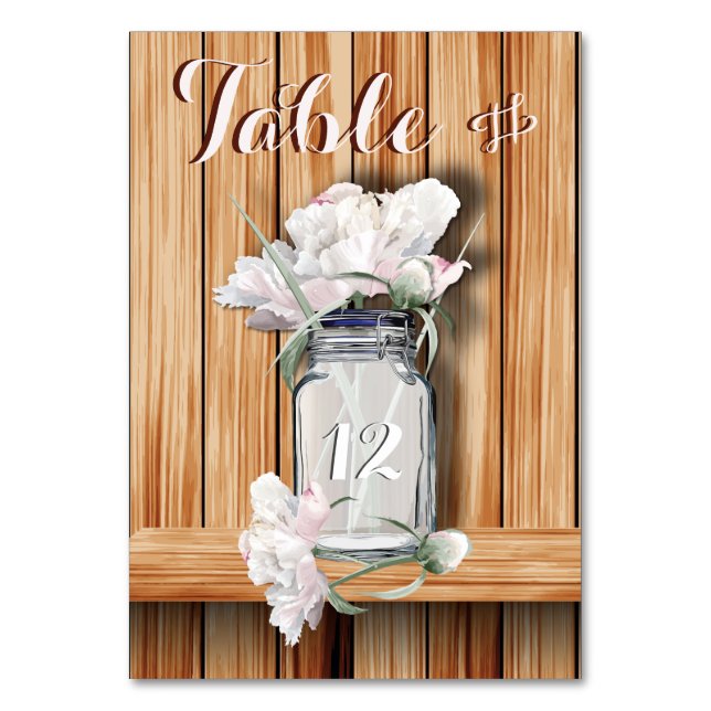 Rustic Mason Jar and Pink Peonies Table Card (Back)