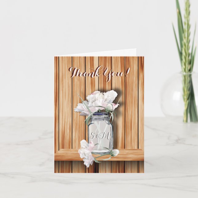 Rustic Mason Jar and Pink Peonies Thank You Card (Front)