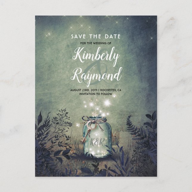 Rustic Mason Jar and String Lights Save the Date Announcement Postcard (Front)