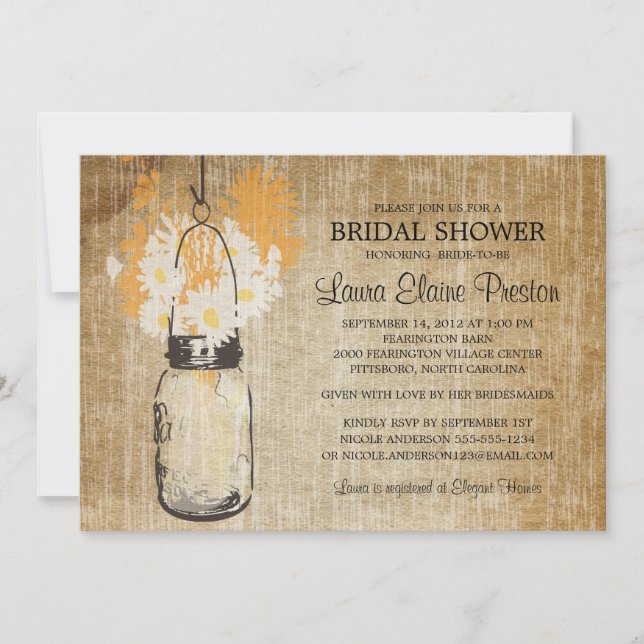 Rustic Mason Jar and Wildflower Daisies Invitation (Front)