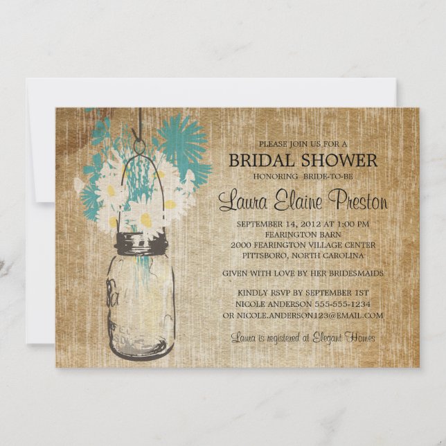 Rustic Mason Jar and Wildflower Daisies Invitation (Front)
