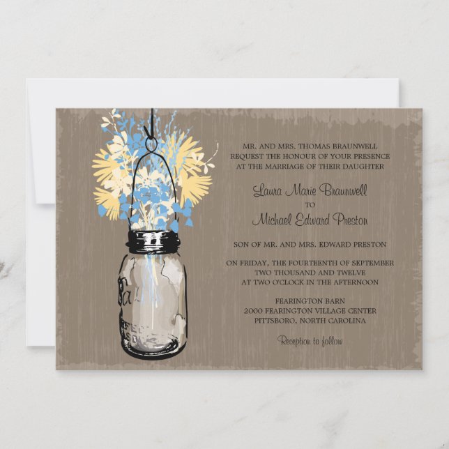 Rustic Mason Jar and Wildflowers Wedding Invitation (Front)
