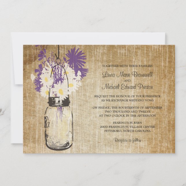 Rustic Mason Jar and Wildflowers Wedding Invitation (Front)