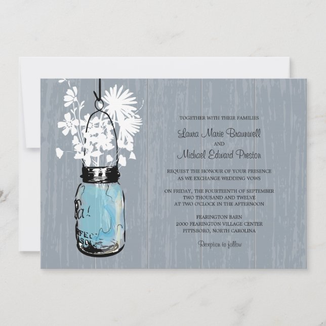 Rustic Mason Jar and Wildflowers Wedding Invitation (Front)
