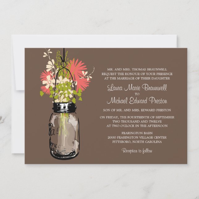 Rustic Mason Jar and Wildflowers Wedding Invitation (Front)