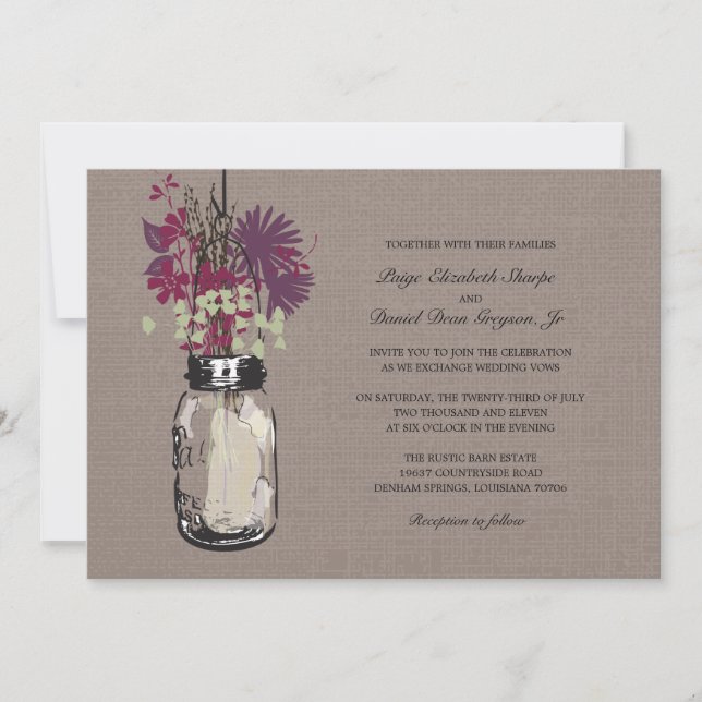 Rustic Mason Jar and Wildflowers Wedding Invitation (Front)