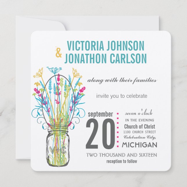 Rustic Mason Jar Aqua Yellow Lime Pink Floral Invitation (Front)