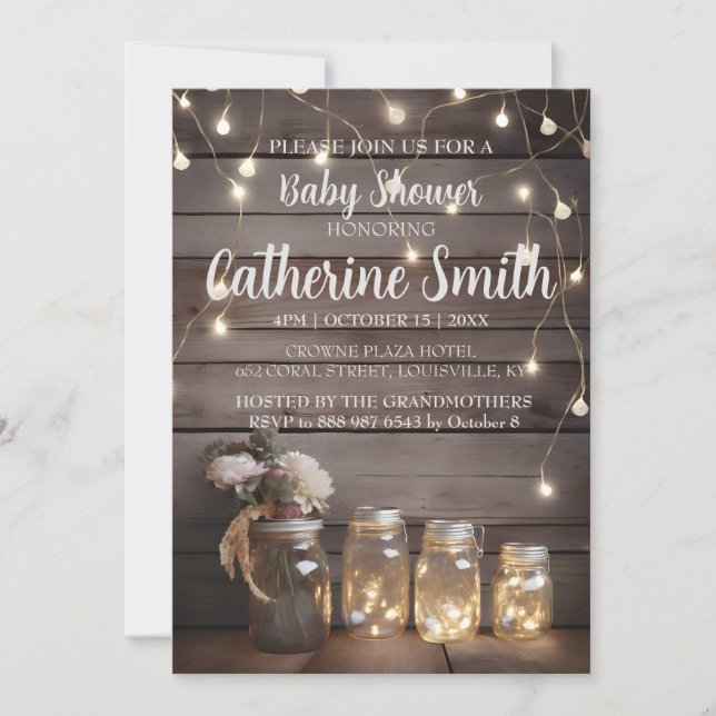 Rustic Mason Jar Baby Shower Wood Barn Background Invitation (Front)