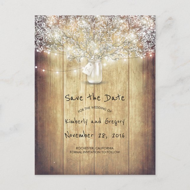 Rustic Mason Jar Baby's Breath Barn Save the Date Announcement Postcard (Front)