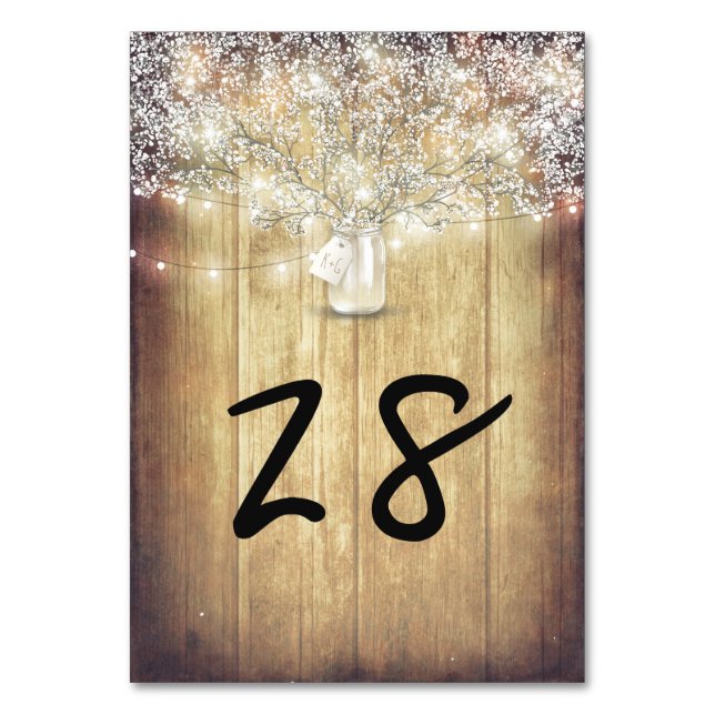 Rustic Mason Jar Baby's Breath String Lights Barn Table Number (Front)